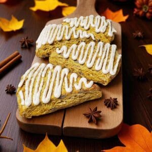 Pumpkin scones with icing on board.