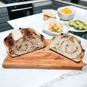 Sliced bread on a kitchen countertop.