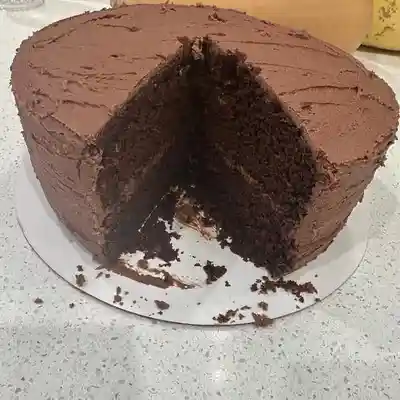 Chocolate cake with a slice missing.