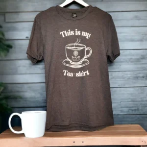 Brown t-shirt with tea-themed design.