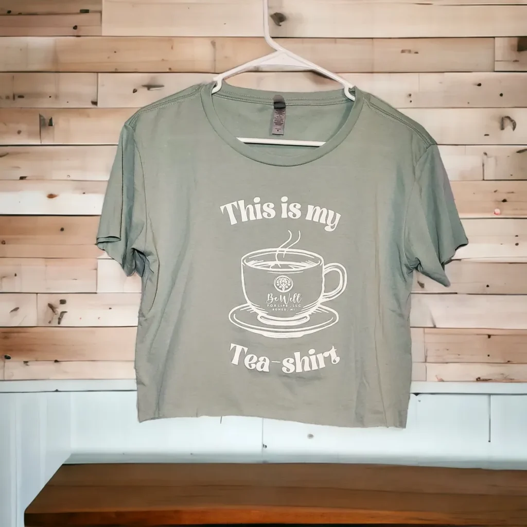 Green T-shirt with "This is my Tea-shirt.