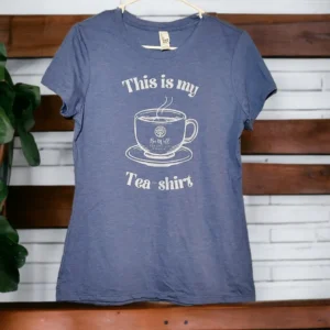 Blue t-shirt with coffee cup design.