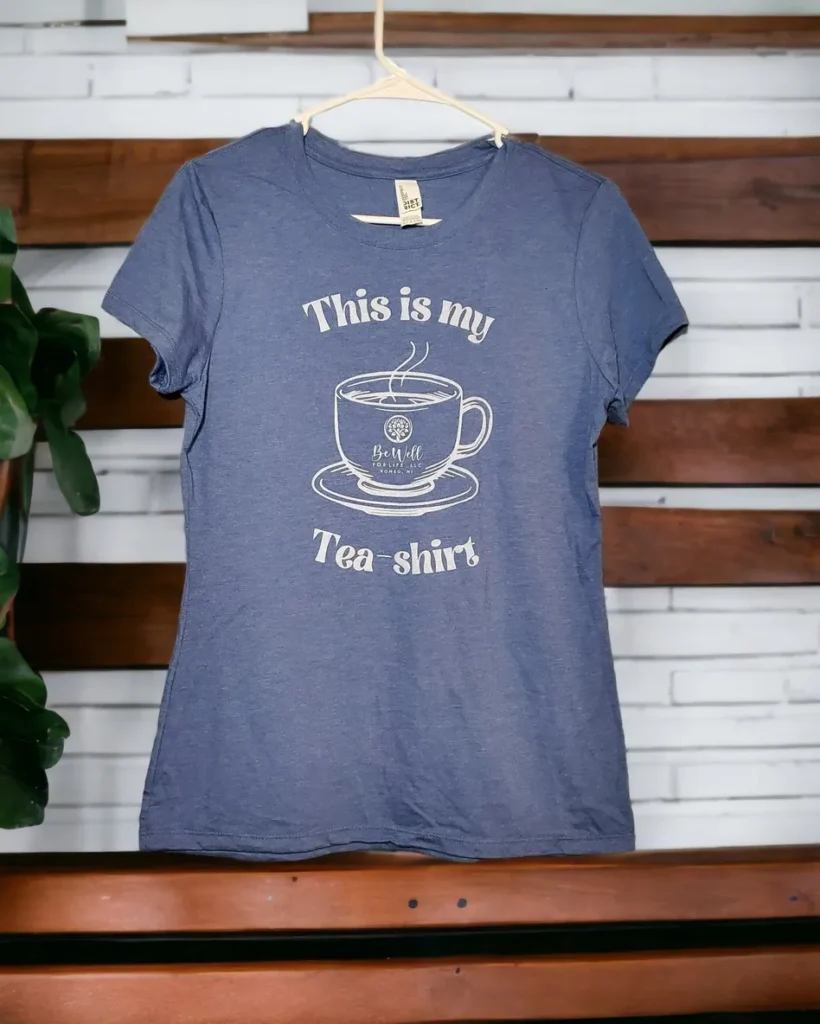 Blue t-shirt with coffee cup design.