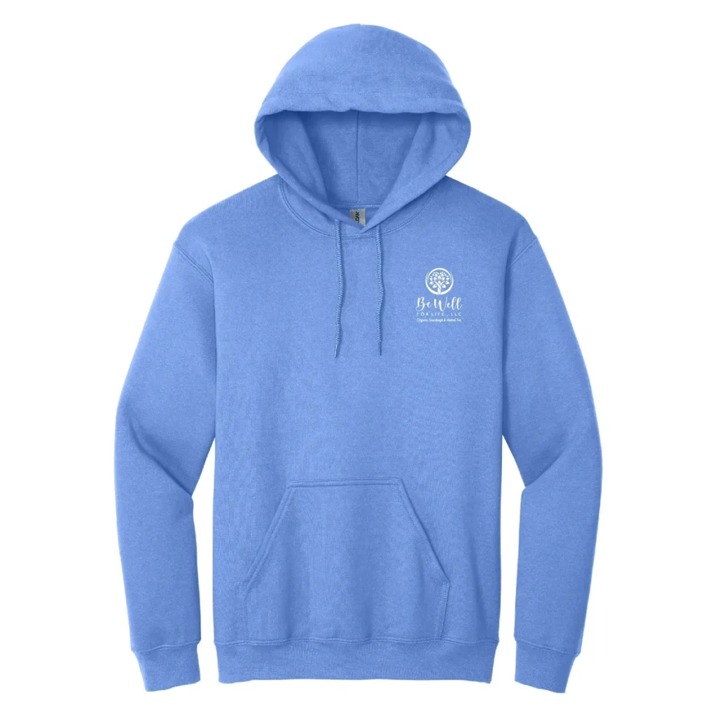Blue hoodie with front pocket and logo.