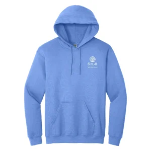 Blue hoodie with front pocket and logo.