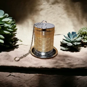 Ornate container with succulents on stone surface.