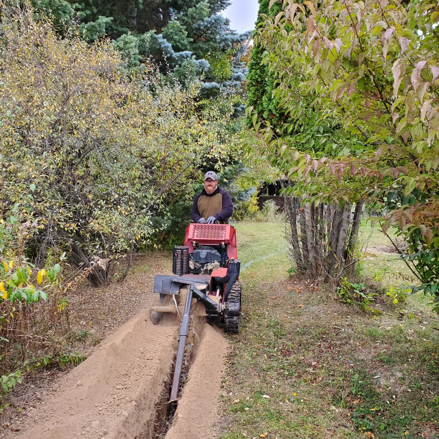 Person operating trencher in wooded area.