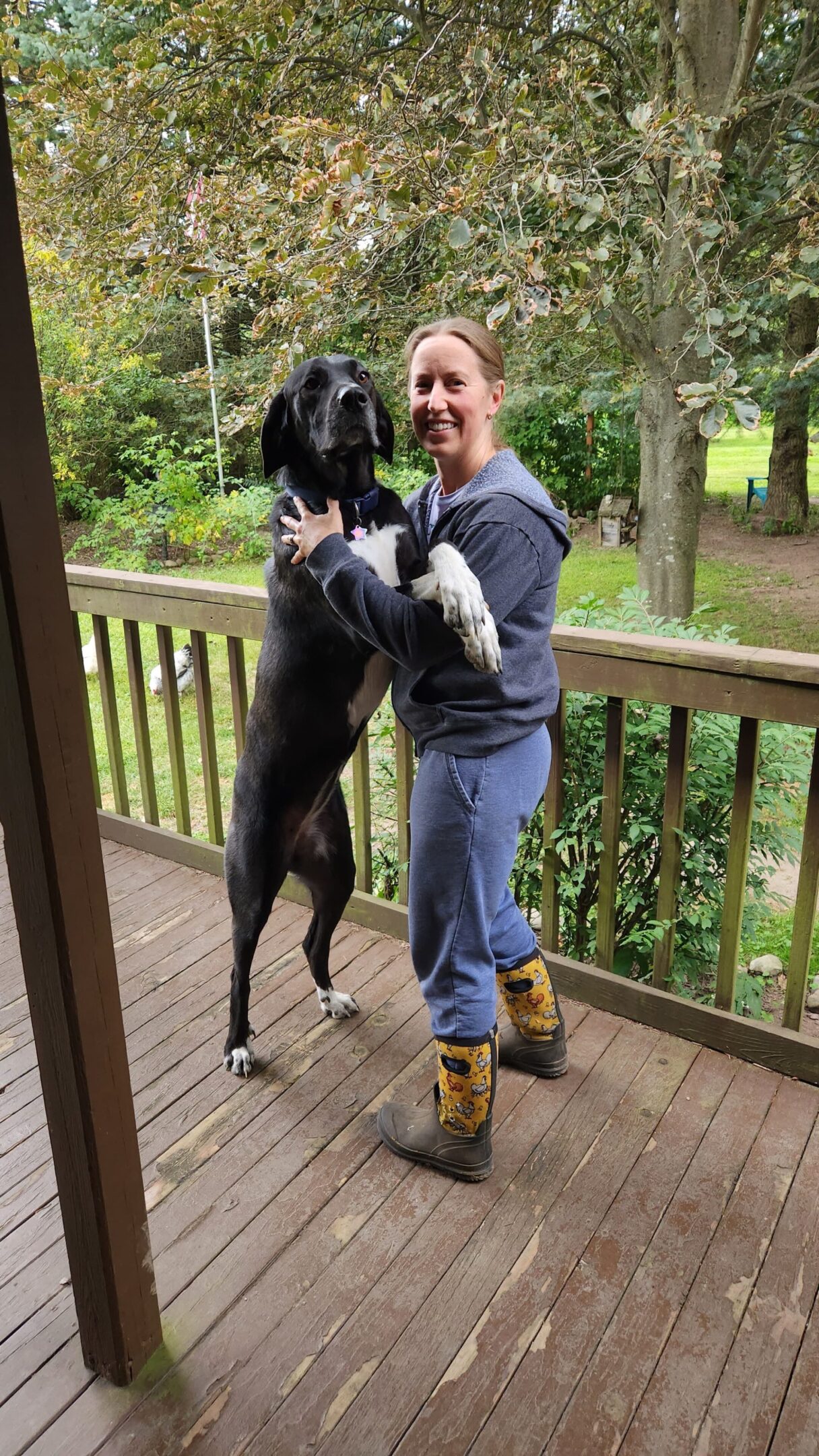 Woman hugging large dog on deck.