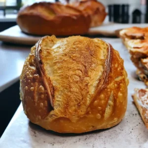 Golden crusted sourdough loaf on marble