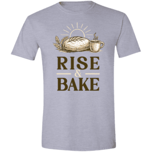 Rise & Bake sourdough baking t-shirt with bread and coffee