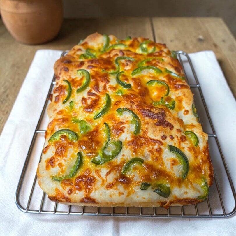Freshly baked sourdough focaccia with cheese and jalapeños