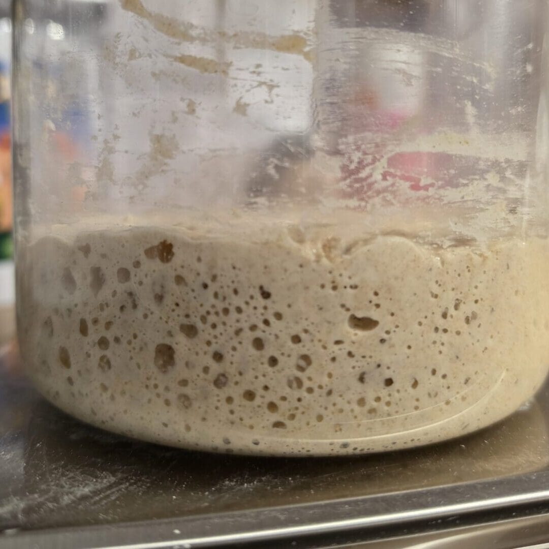 Aerated sourdough starter against fogged glass